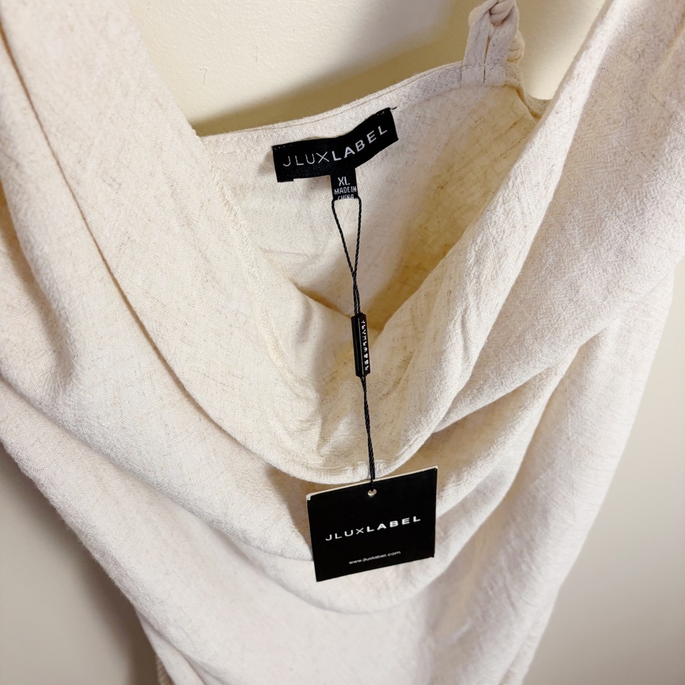 JLUXLABEL Midi Dress Womens XL Cream Linen Blend Ruched Cowl Neck Rope Straps - Picture 10 of 10